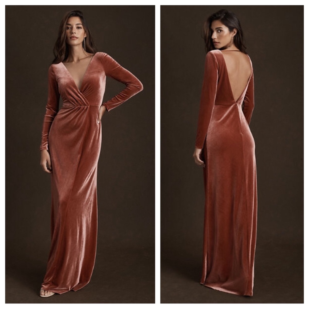 NEW BHLDN Jenny Yoo Ryland V Neck Long Sleeve Open Back Stretch Velvet Gown